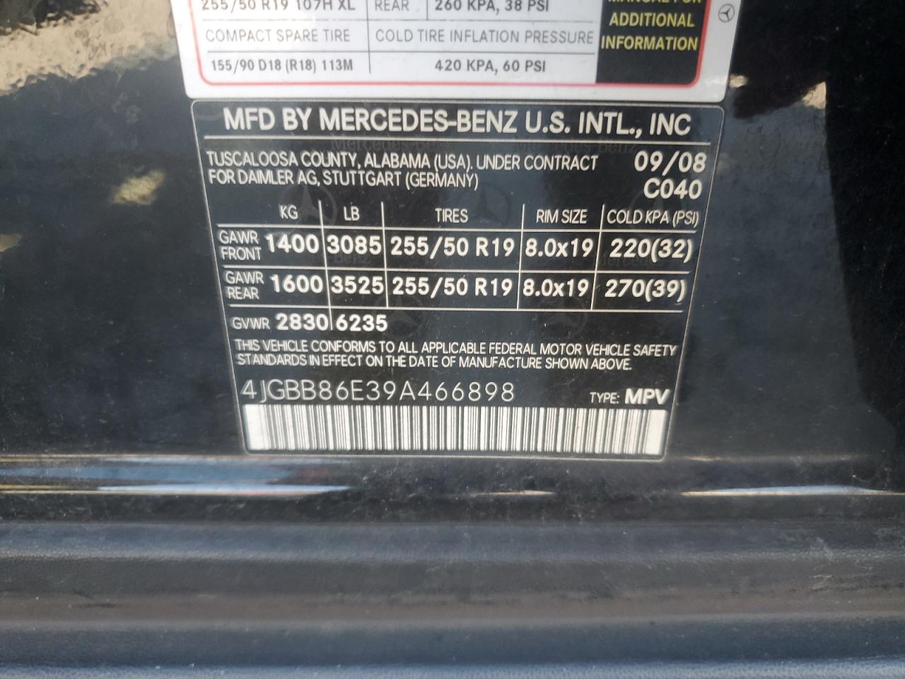 2009 Mercedes-Benz Ml 350 VIN: 4JGBB86E39A466898 Lot: 84575555