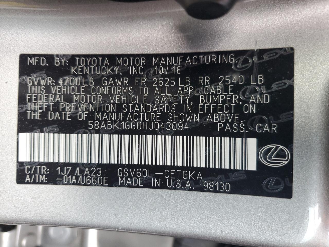 2017 Lexus Es 350 VIN: 58ABK1GG0HU043094 Lot: 80930505