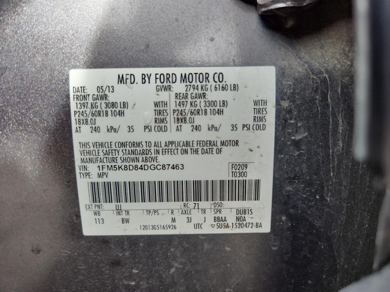 2013 Ford Explorer Xlt VIN: 1FM5K8D84DGC87463 Lot: 72063975