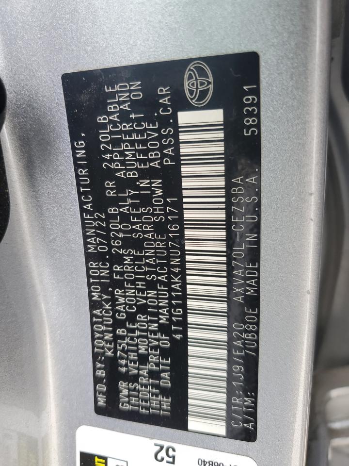 2022 Toyota Camry Se VIN: 4T1G11AK4NU716171 Lot: 81869465