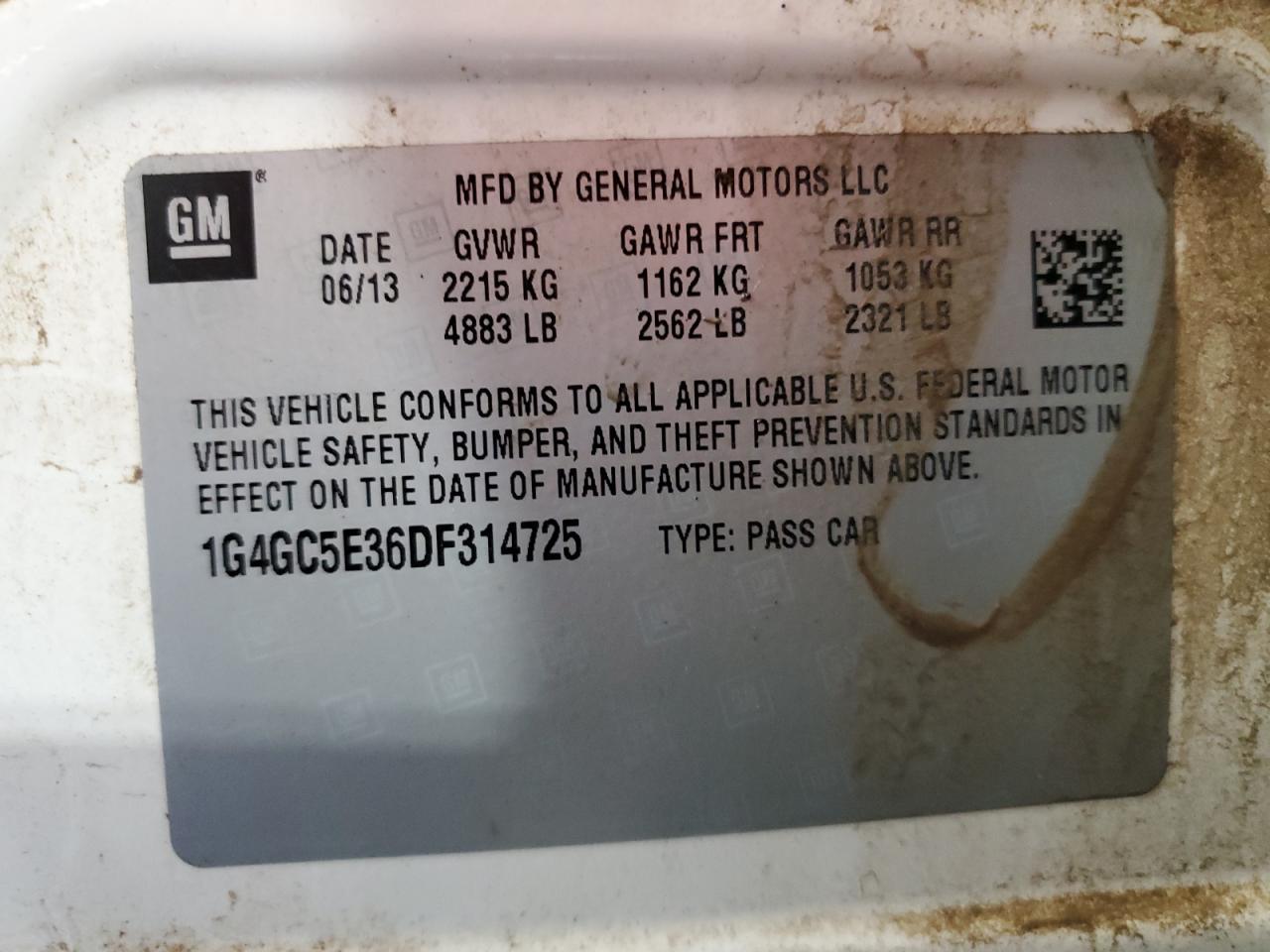 2013 Buick Lacrosse VIN: 1G4GC5E36DF314725 Lot: 71987655