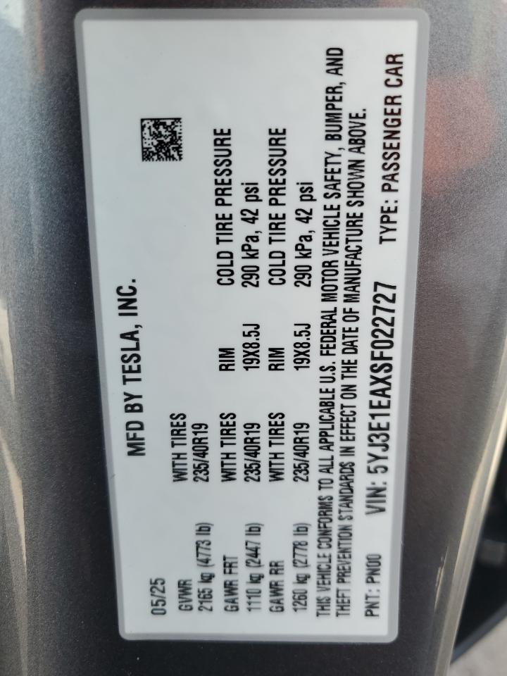 2025 Tesla Model 3 VIN: 5YJ3E1EAXSF022727 Lot: 72079315