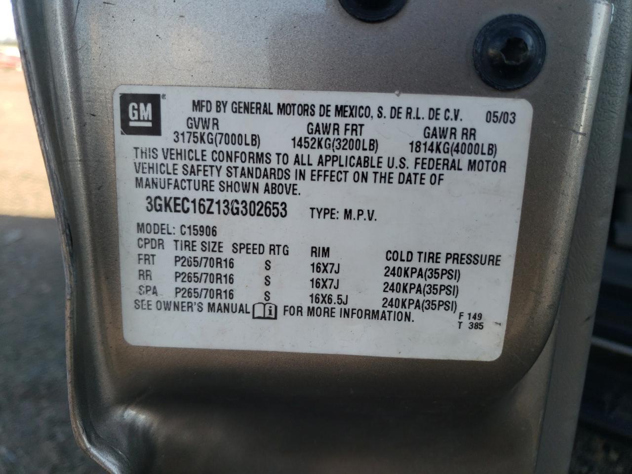 2003 GMC Yukon Xl C1500 VIN: 3GKEC16Z13G302653 Lot: 71735725