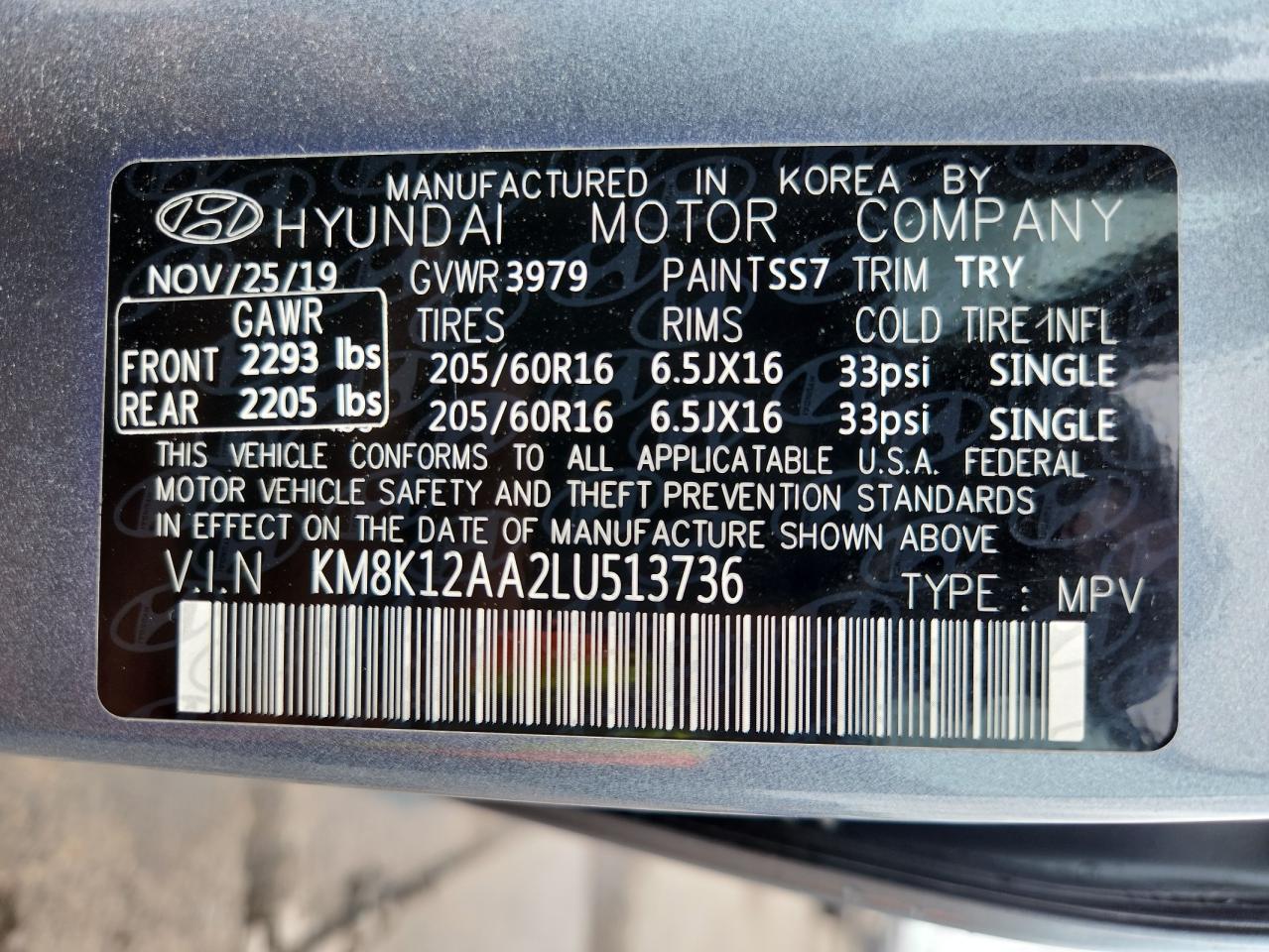 2020 Hyundai Kona Se VIN: KM8K12AA2LU513736 Lot: 71473925