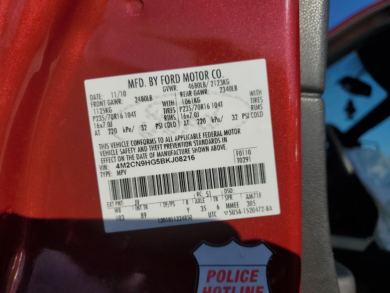 2011 Mercury Mariner Premier VIN: 4M2CN9HG5BKJ08216 Lot: 81723795