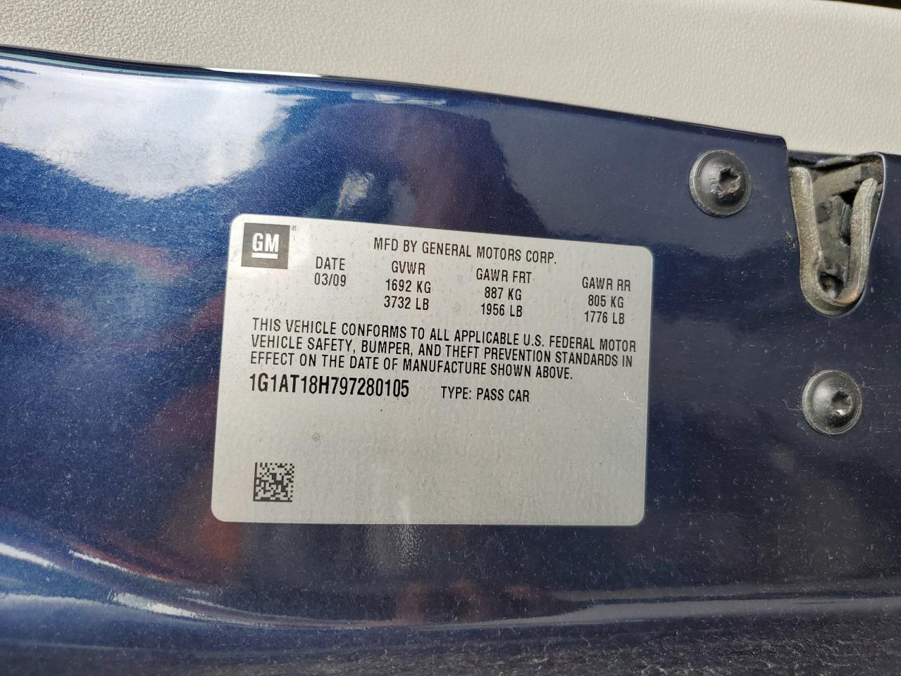 2009 Chevrolet Cobalt Lt VIN: 1G1AT18H797280105 Lot: 84232015