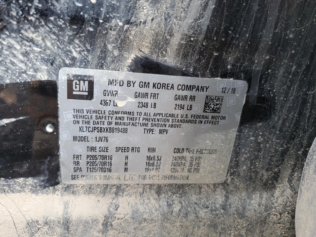 2019 Chevrolet Trax 1Lt VIN: KL7CJPSBXKB819488 Lot: 80633265