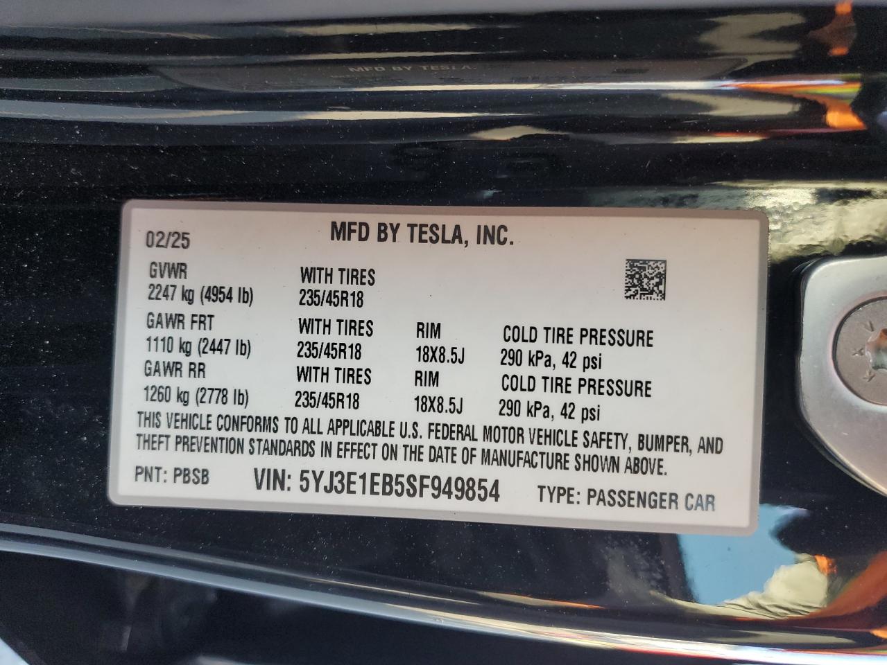 2025 Tesla Model 3 VIN: 5YJ3E1EB5SF949854 Lot: 81835405