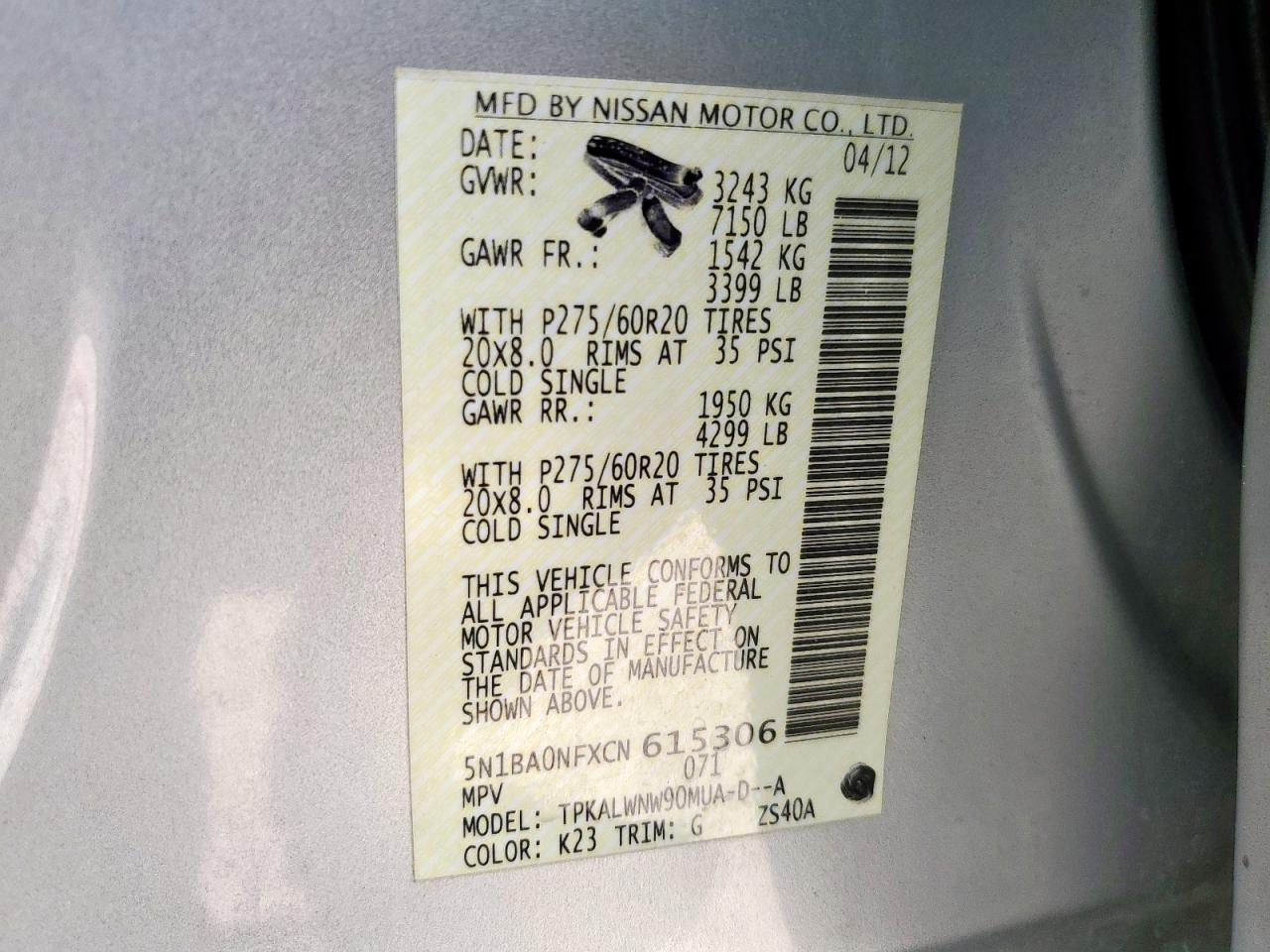 2012 Nissan Armada Sv VIN: 5N1BA0NFXCN615306 Lot: 71600465