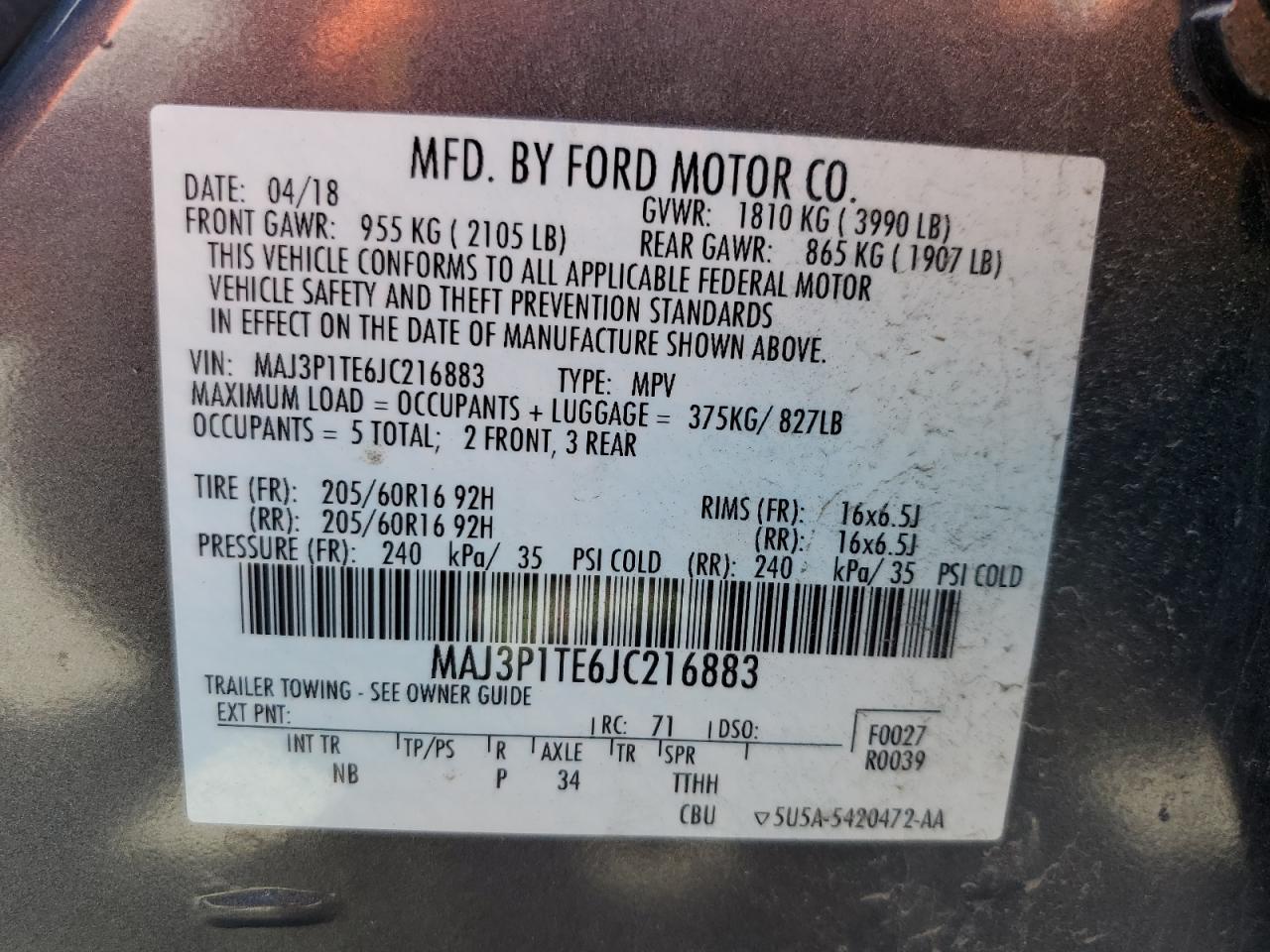2018 Ford Ecosport Se VIN: MAJ3P1TE6JC216883 Lot: 80087635