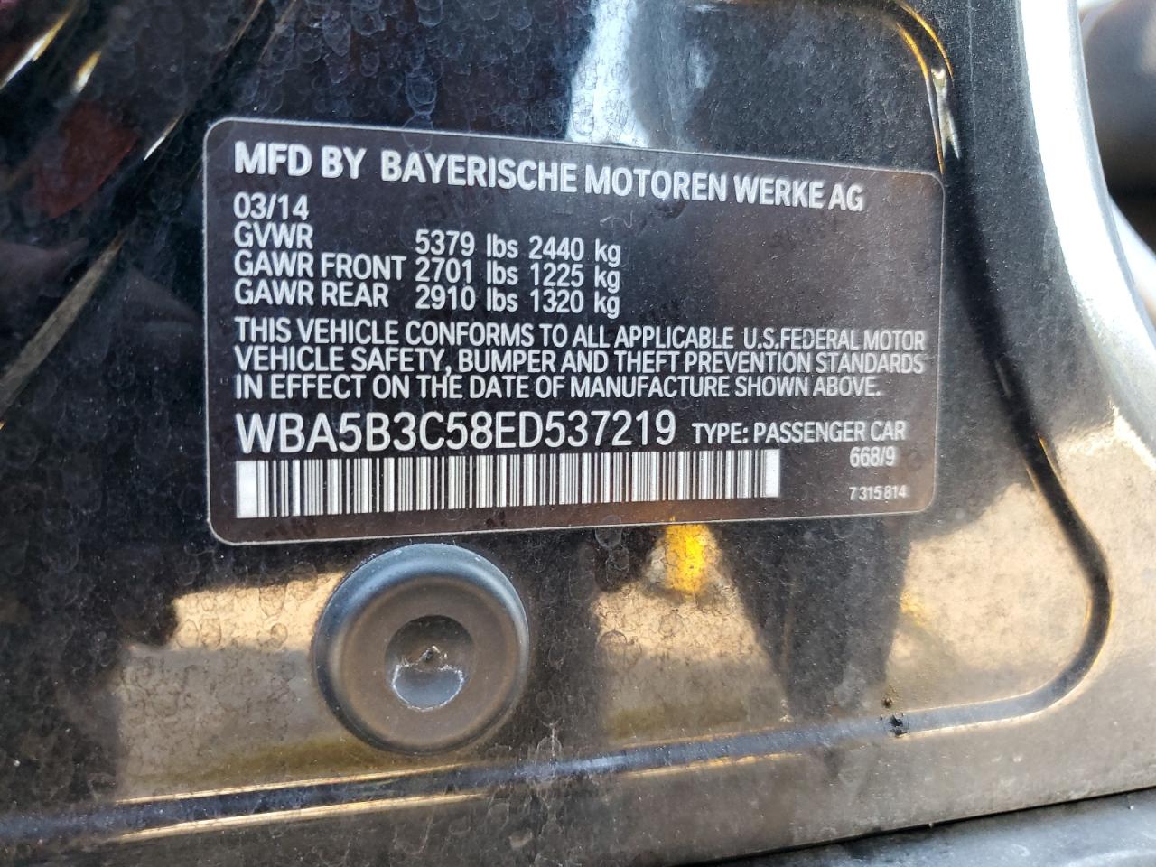 2014 BMW 535 Xi VIN: WBA5B3C58ED537219 Lot: 71664365