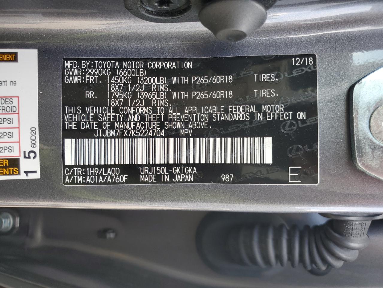 2019 Lexus Gx 460 VIN: JTJBM7FX7K5224704 Lot: 83822815