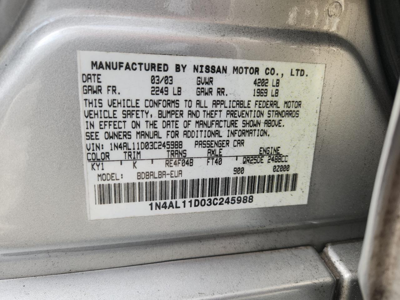 2003 Nissan Altima Base VIN: 1N4AL11D03C245988 Lot: 70766385