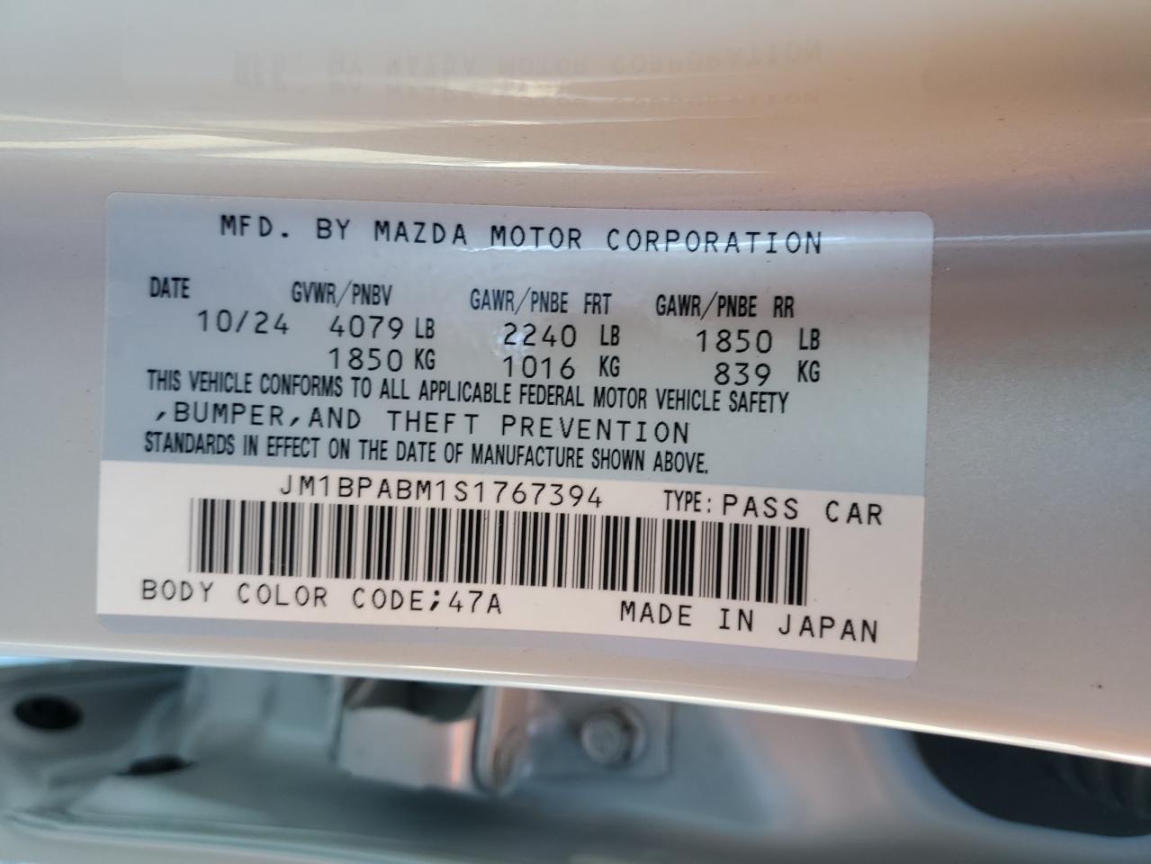 2025 Mazda 3 Select Sport VIN: JM1BPABM1S1767394 Lot: 71267325