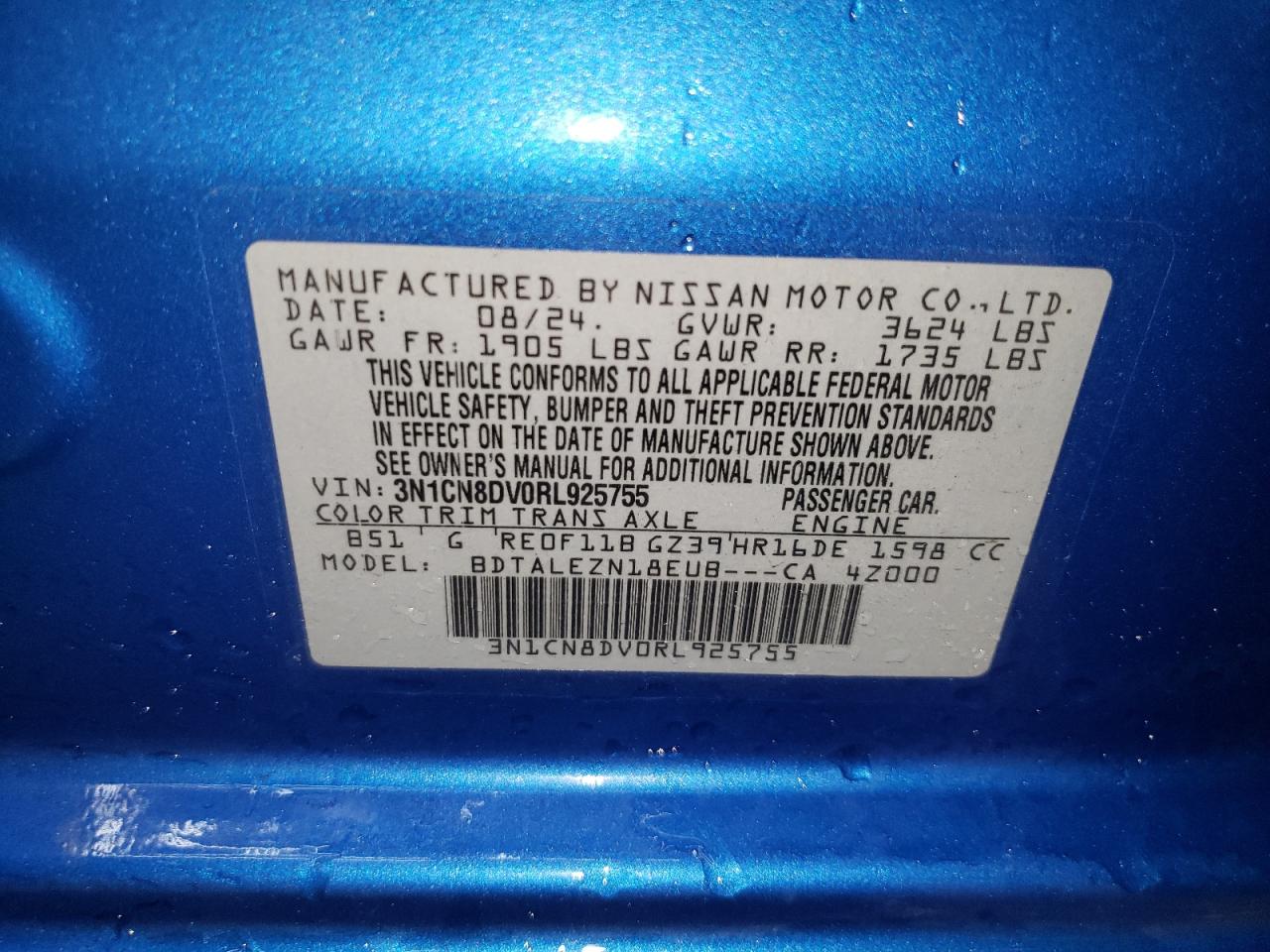 2024 Nissan Versa S VIN: 3N1CN8DV0RL925755 Lot: 81418715