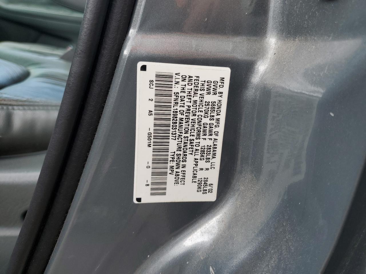 2002 Honda Odyssey Exl VIN: 5FNRL18982B031377 Lot: 93592385