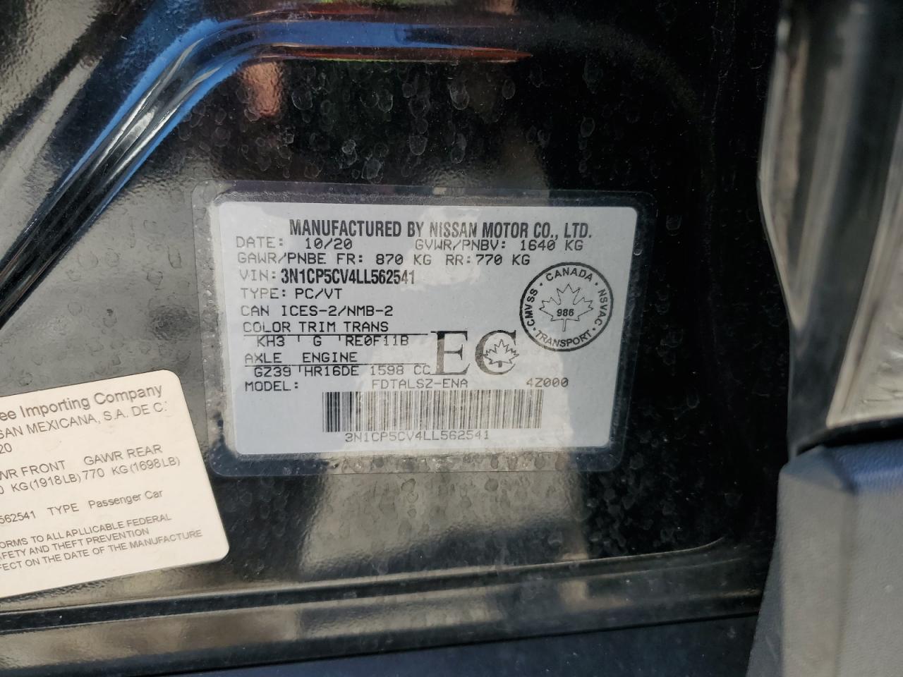 2020 Nissan Kicks Sv VIN: 3N1CP5CV4LL562541 Lot: 81714435