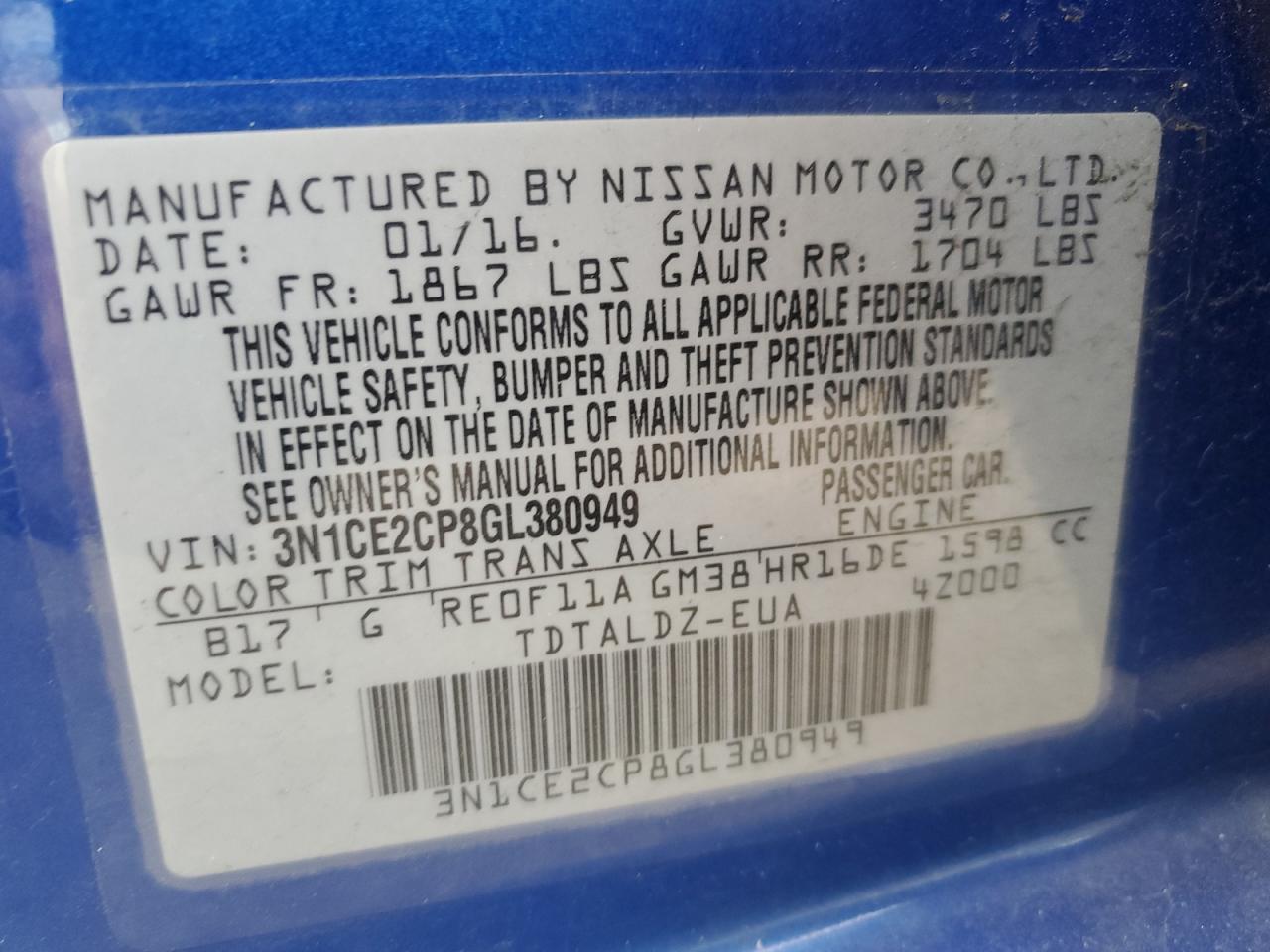 2016 Nissan Versa Note S VIN: 3N1CE2CP8GL380949 Lot: 84831105