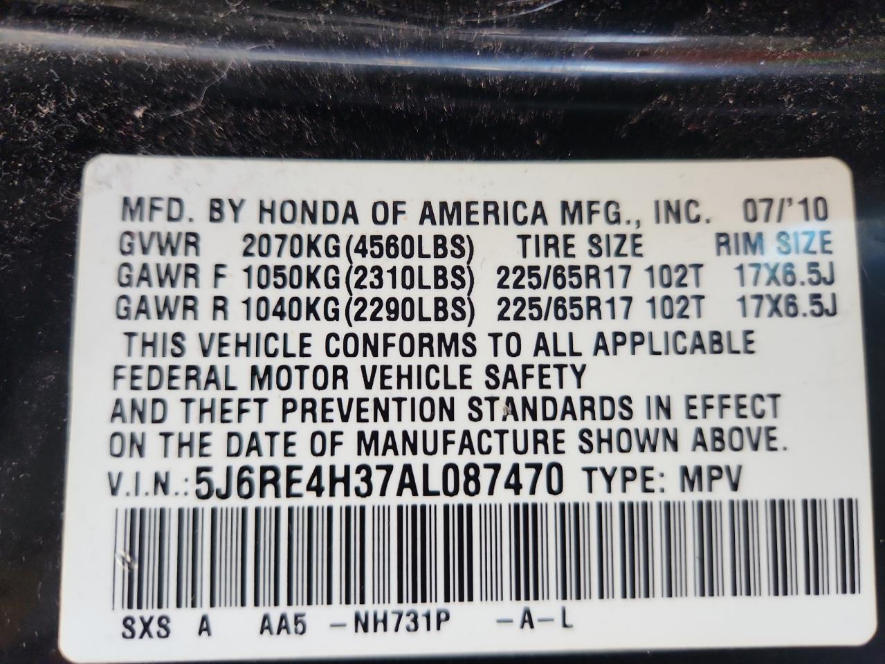 2010 Honda Cr-V Lx VIN: 5J6RE4H37AL087470 Lot: 81294855