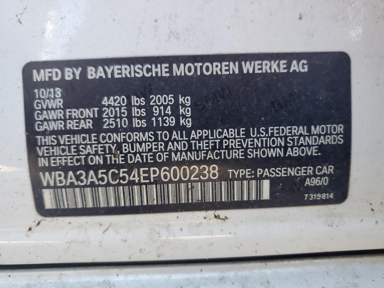 2014 BMW 328 I VIN: WBA3A5C54EP600238 Lot: 81906875