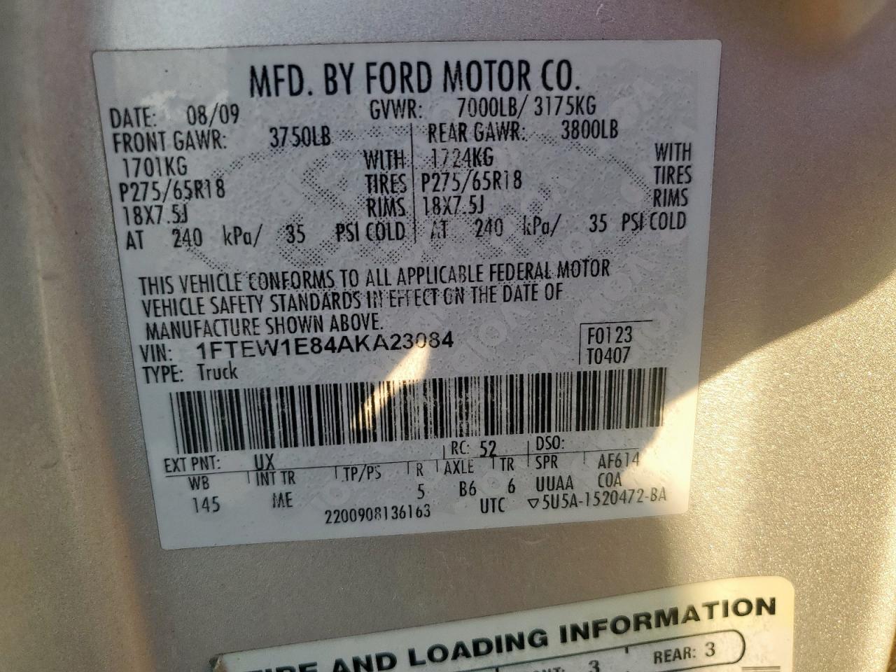2010 Ford F150 Supercrew VIN: 1FTEW1E84AKA23084 Lot: 81464215