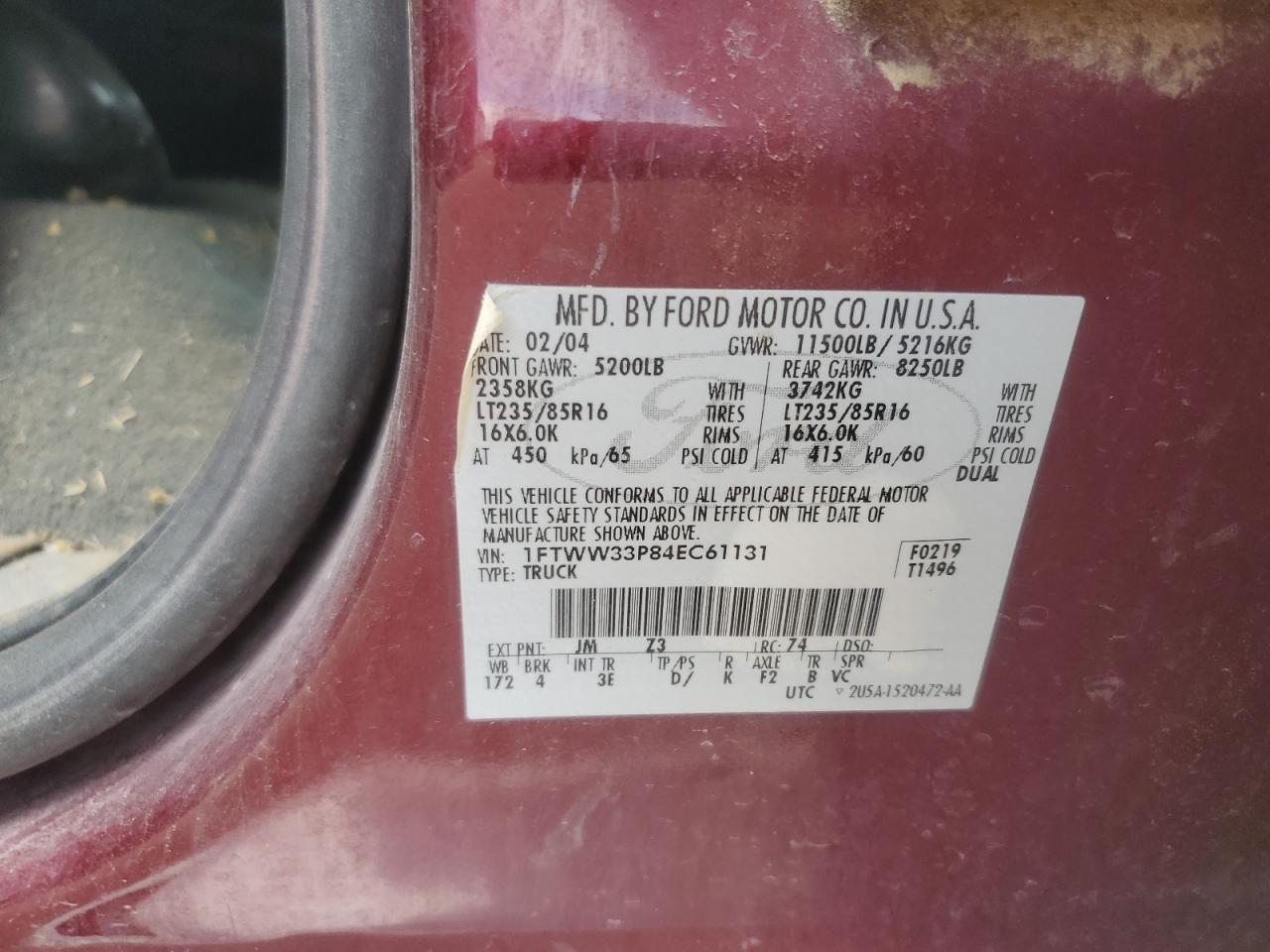 2004 Ford F350 Super Duty VIN: 1FTWW33P84EC61131 Lot: 71797195