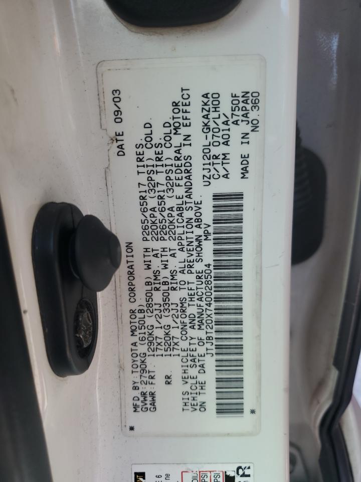 2004 Lexus Gx 470 VIN: JTJBT20X740028504 Lot: 84599525