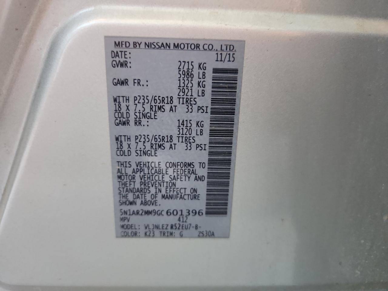 2016 Nissan Pathfinder S VIN: 5N1AR2MM9GC601396 Lot: 71881095