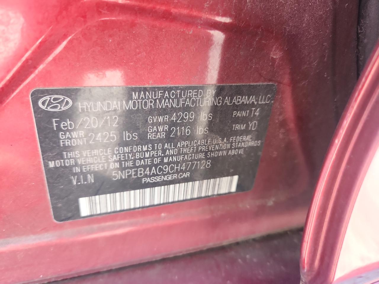 2012 Hyundai Sonata Gls VIN: 5NPEB4AC9CH477128 Lot: 82101655