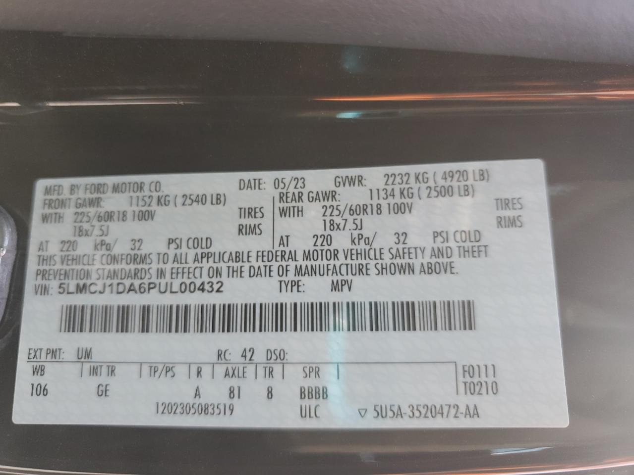 2023 Lincoln Corsair VIN: 5LMCJ1DA6PUL00432 Lot: 68834225