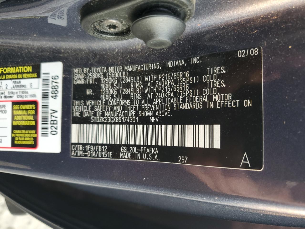 2008 Toyota Sienna Ce VIN: 5TDZK23CX8S174301 Lot: 80803025