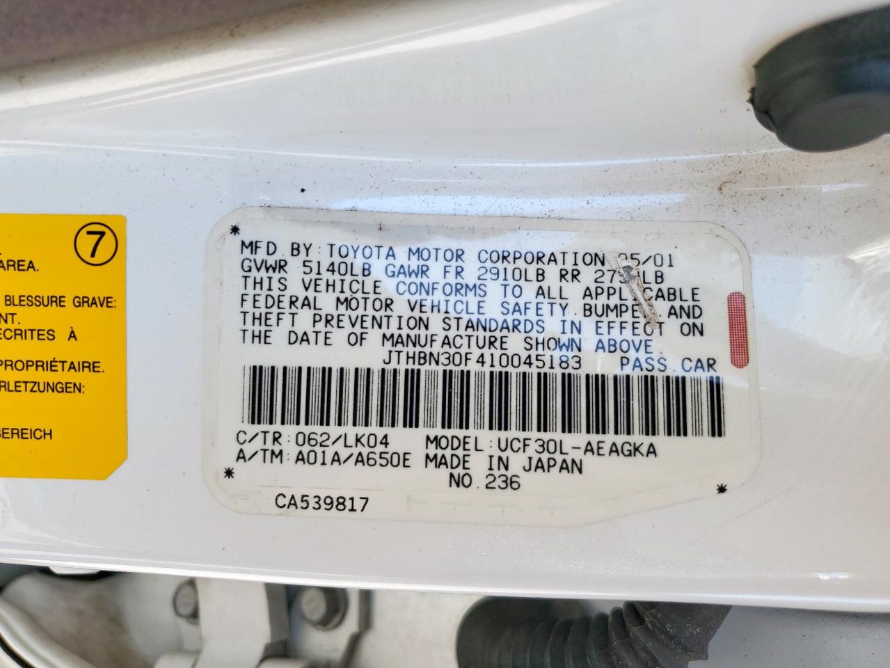 2001 Lexus Ls 430 VIN: JTHBN30F410045183 Lot: 80333595