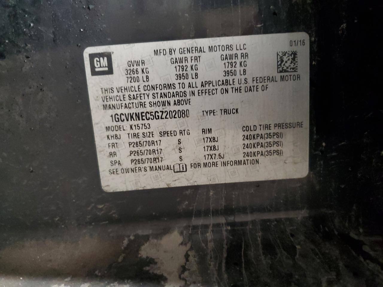 2016 Chevrolet Silverado K1500 VIN: 1GCVKNEC5GZ202080 Lot: 66847695