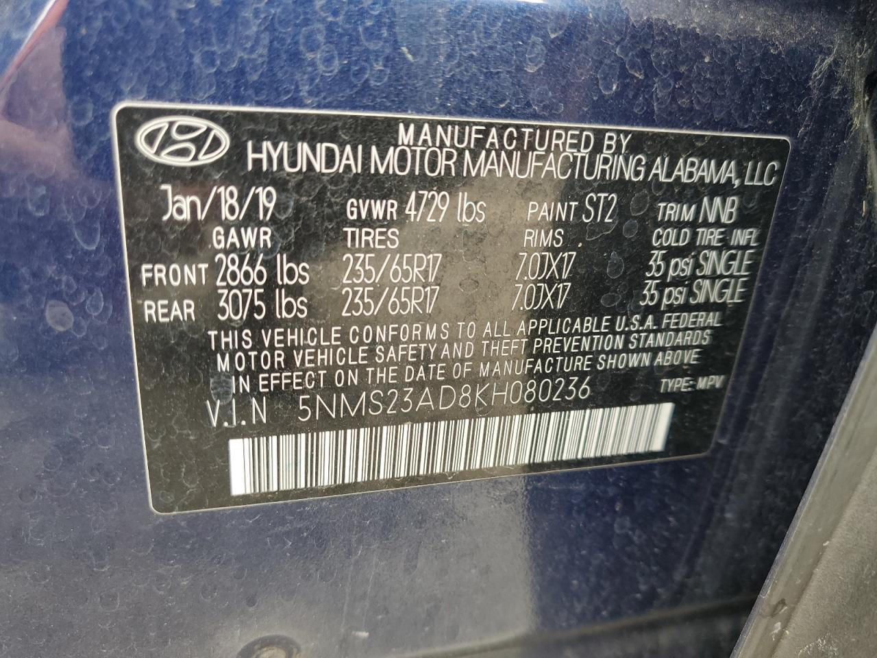 2019 Hyundai Santa Fe Se VIN: 5NMS23AD8KH080236 Lot: 81452915