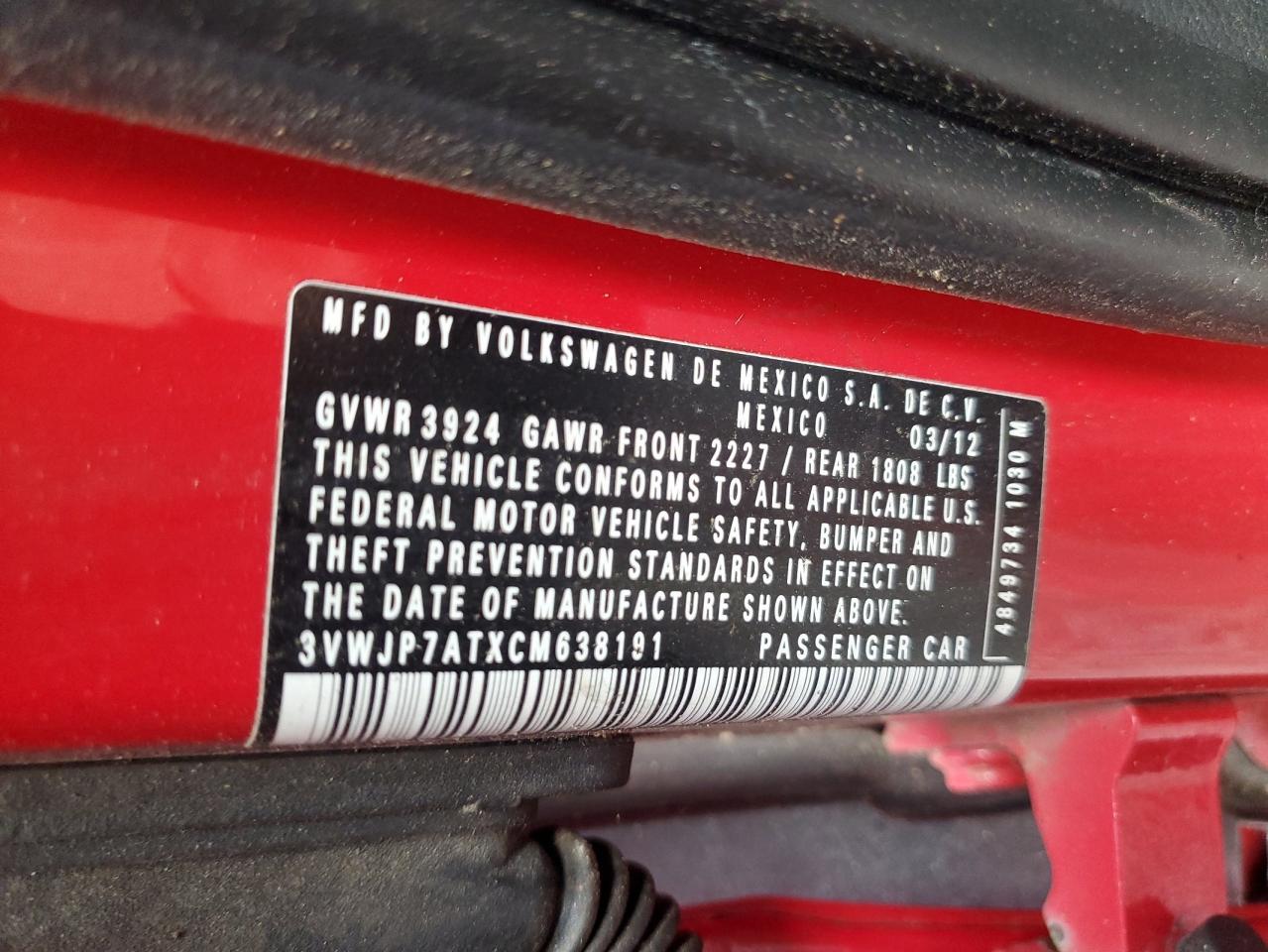 2012 Volkswagen Beetle VIN: 3VWJP7ATXCM638191 Lot: 80581595