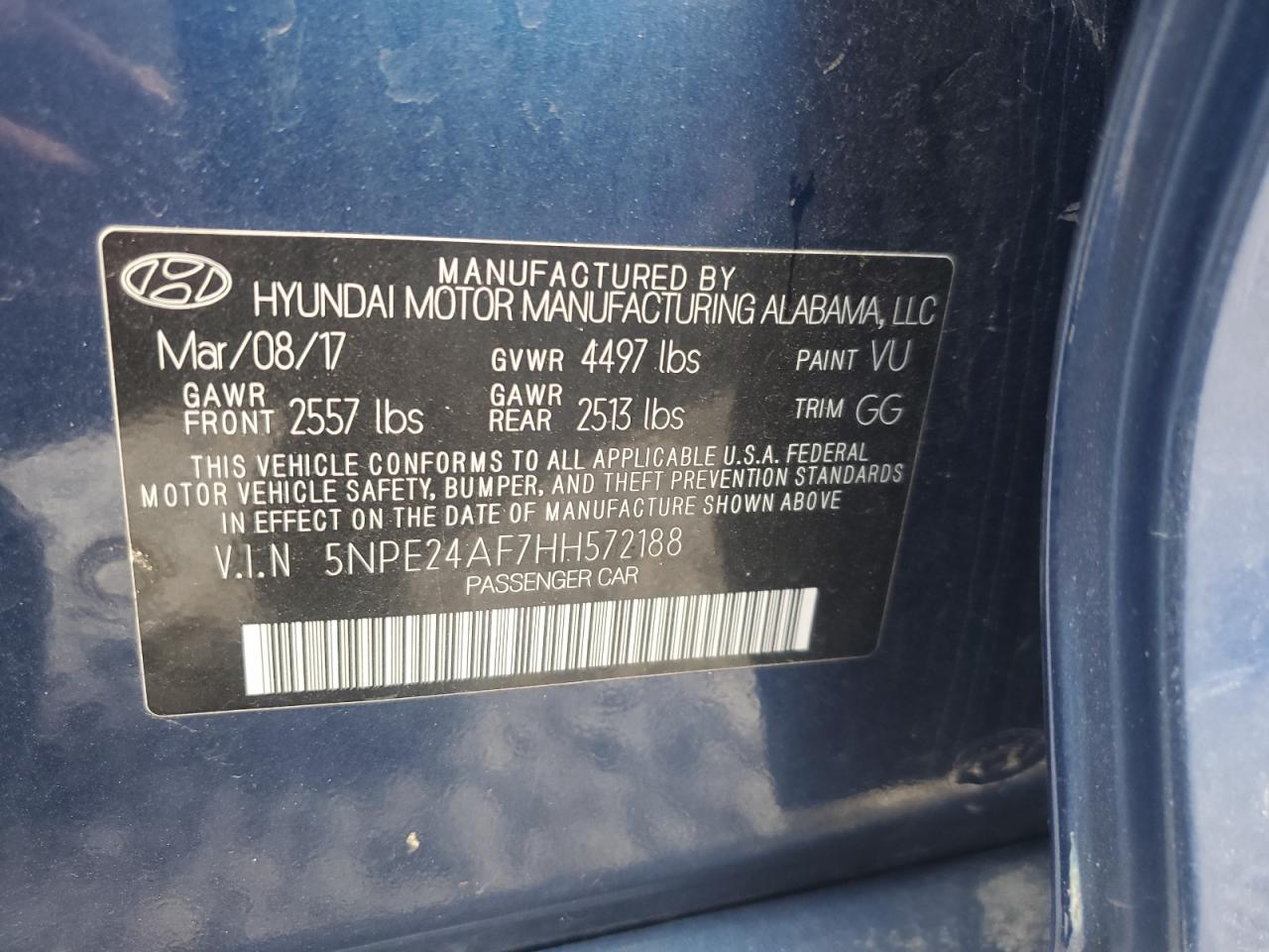 2017 Hyundai Sonata Se VIN: 5NPE24AF7HH572188 Lot: 84192925