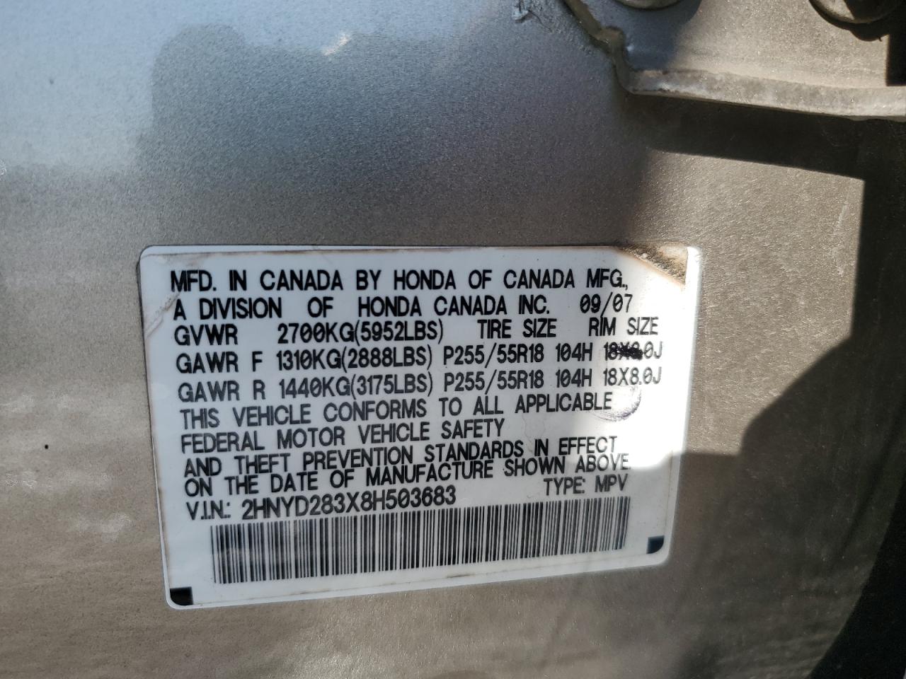 2008 Acura Mdx Technology VIN: 2HNYD283X8H503683 Lot: 71989815
