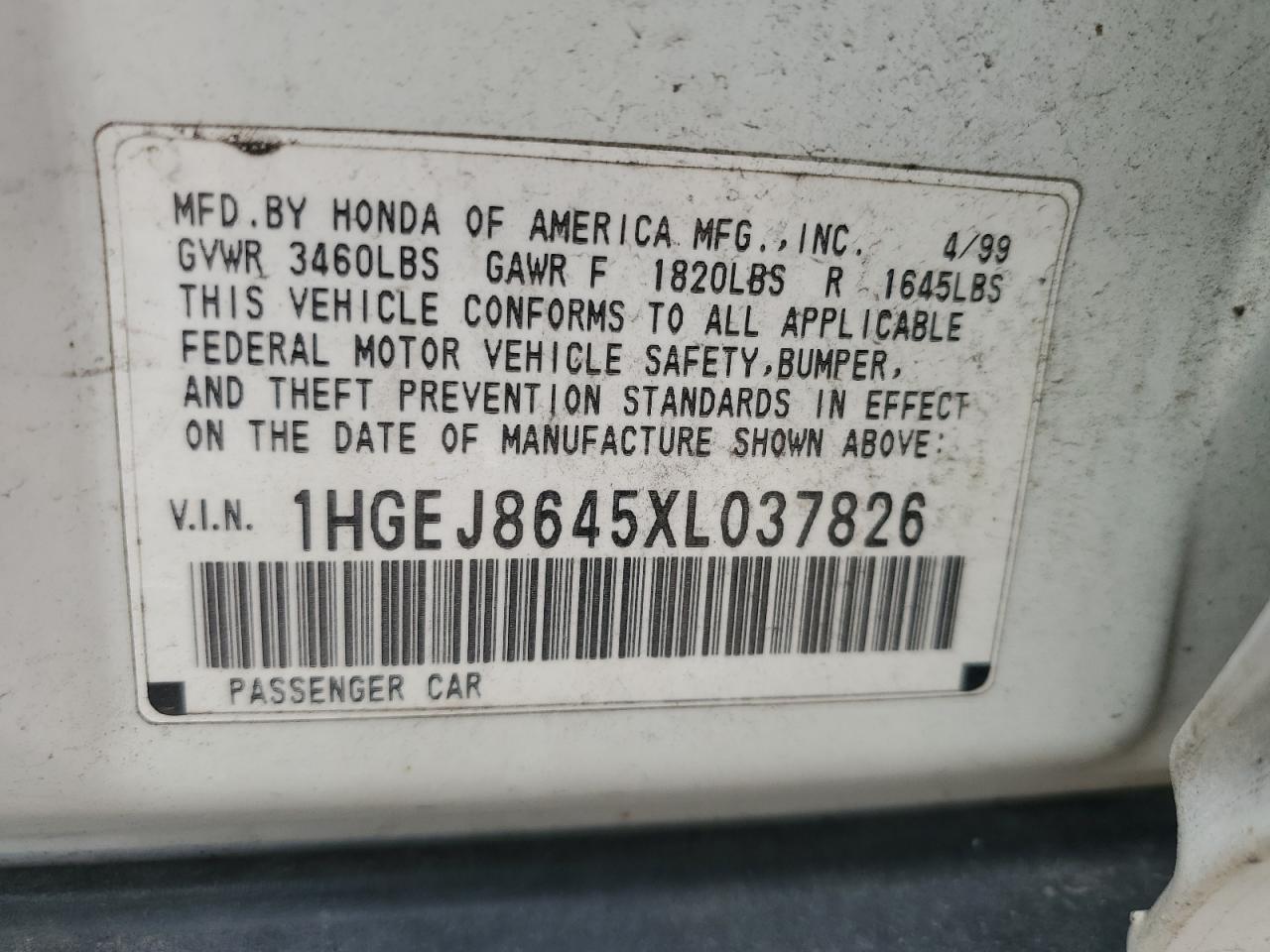 1999 Honda Civic Ex VIN: 1HGEJ8645XL037826 Lot: 70768545