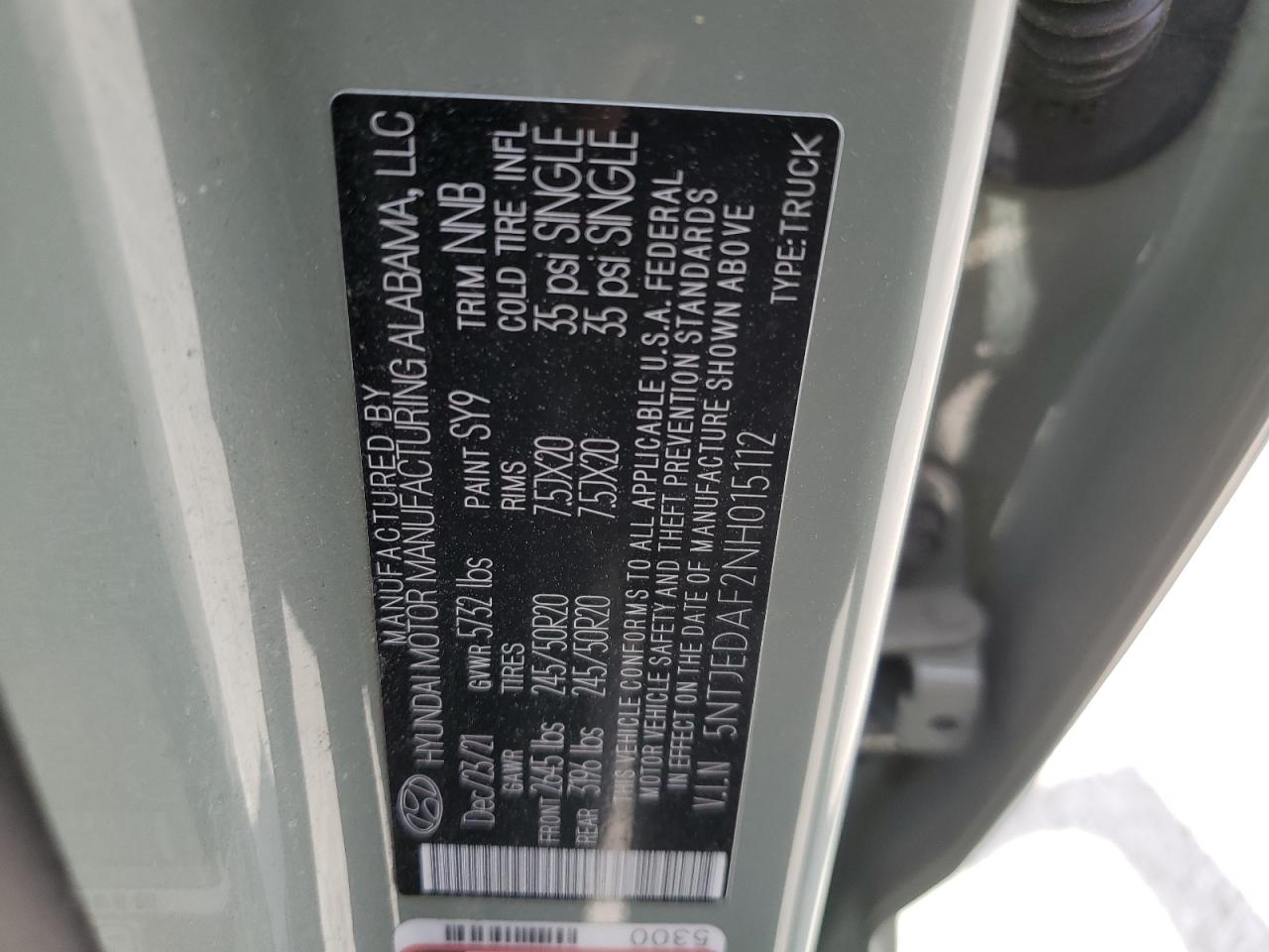 2022 Hyundai Santa Cruz Limited VIN: 5NTJEDAF2NH015112 Lot: 68084825