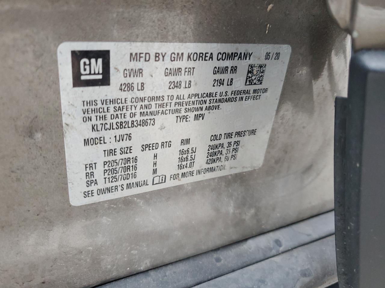 2020 Chevrolet Trax 1Lt VIN: KL7CJLSB2LB348673 Lot: 81760805