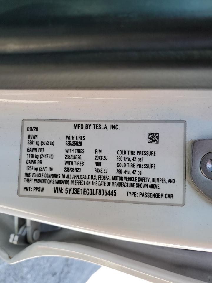 2020 Tesla Model 3 VIN: 5YJ3E1EC0LF805445 Lot: 72094945
