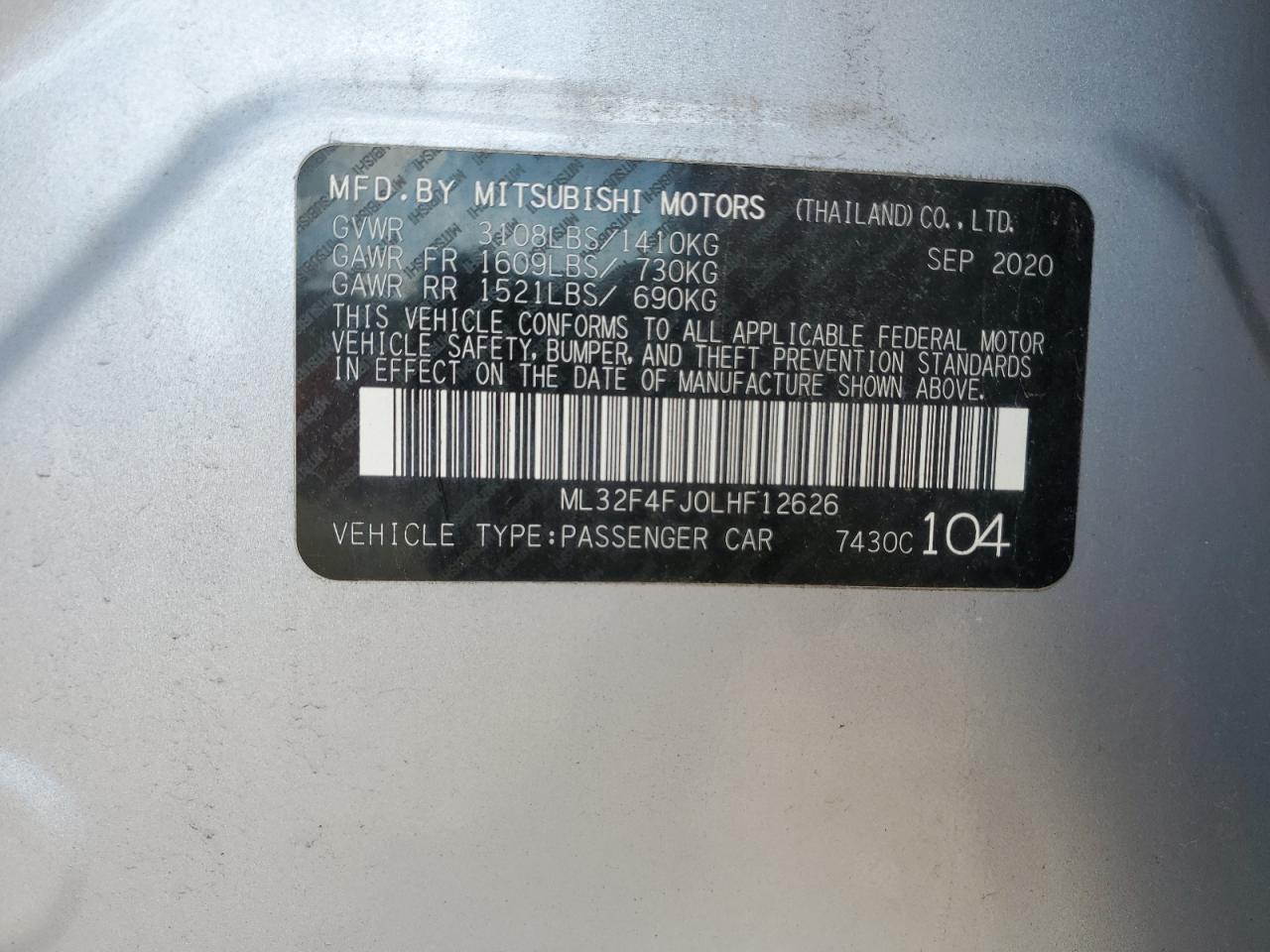 2020 Mitsubishi Mirage G4 Se VIN: ML32F4FJ0LHF12626 Lot: 71536615