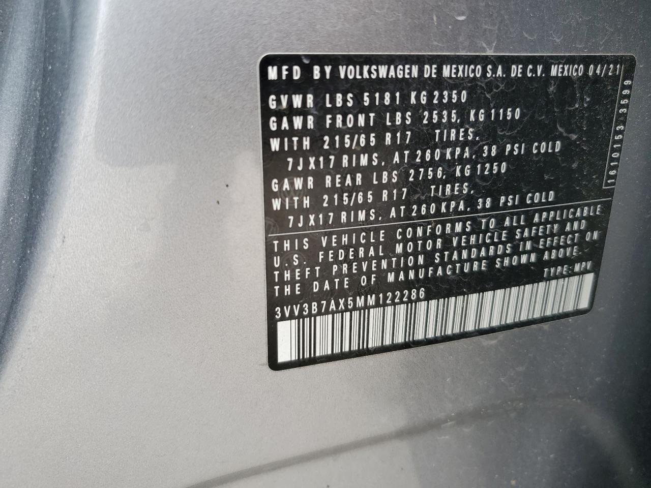 2021 Volkswagen Tiguan Se VIN: 3VV3B7AX5MM122286 Lot: 71998035