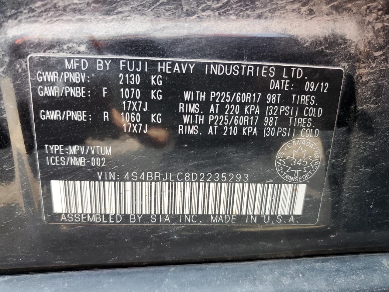 2013 Subaru Outback 3.6R Limited VIN: 4S4BRJLC8D2235293 Lot: 80325465