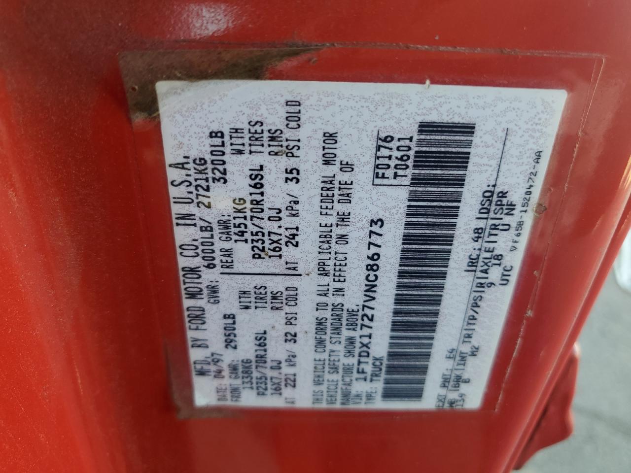 1997 Ford F150 VIN: 1FTDX1727VNC86773 Lot: 84369715