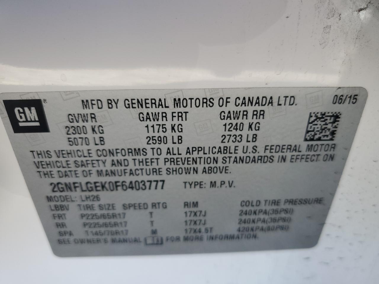 2015 Chevrolet Equinox Lt VIN: 2GNFLGEK0F6403777 Lot: 71893175