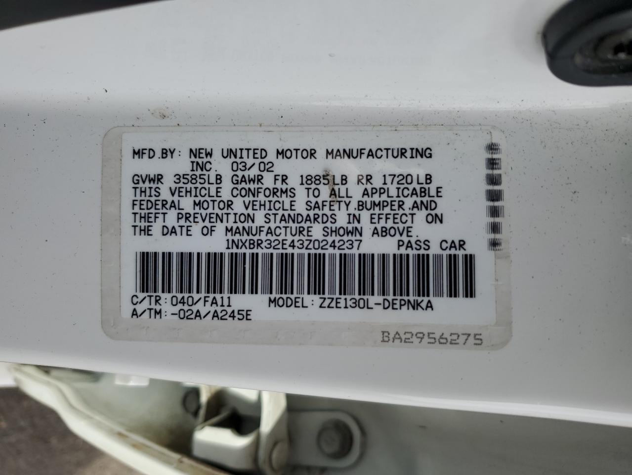 2003 Toyota Corolla Ce VIN: 1NXBR32E43Z024237 Lot: 81192855