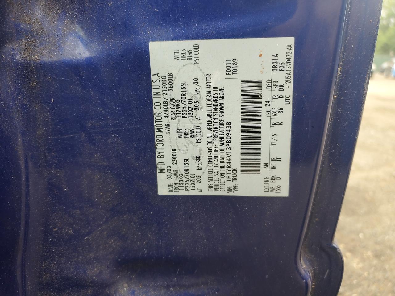 2003 Ford Ranger Super Cab VIN: 1FTYR44V13PB09438 Lot: 70840175