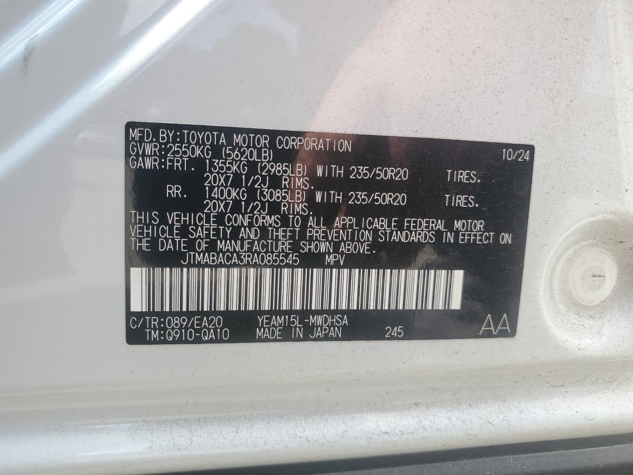 2024 Toyota Bz4X Xle VIN: JTMABACA3RA085545 Lot: 72022945