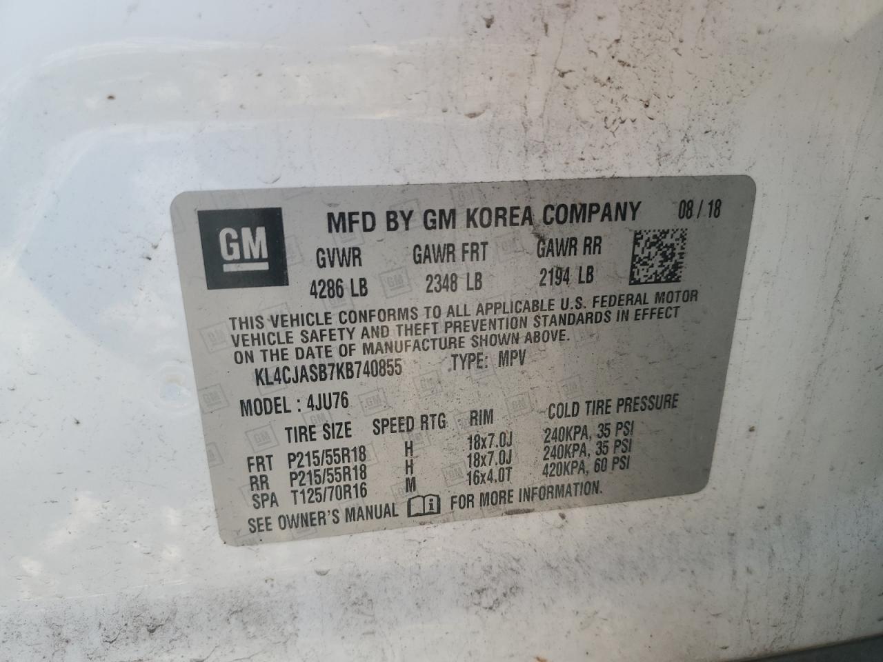 2019 Buick Encore Preferred VIN: KL4CJASB7KB740855 Lot: 80691315